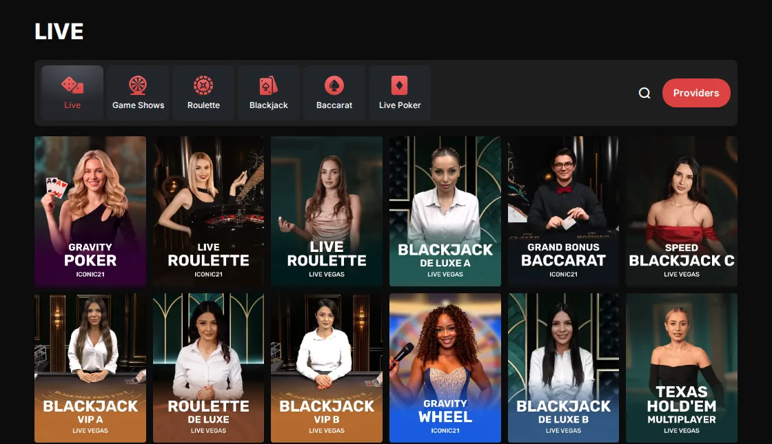 CasinoChan Live page: live category tabs above tiles of the games listed under Live