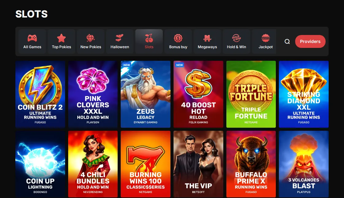 CasinoChan Slots page: category tabs above slot tiles
