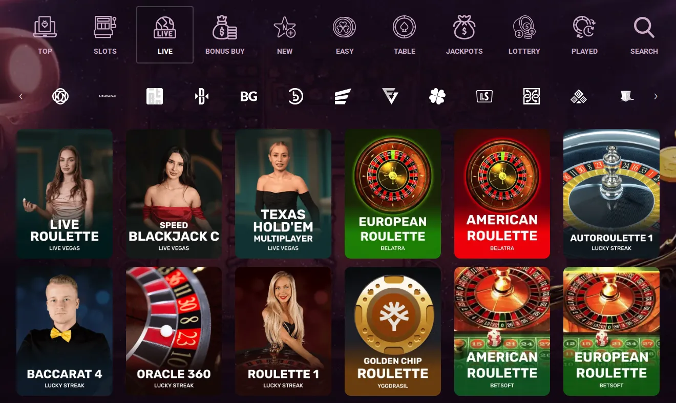 Casinonic lobby, Live tab: tiles of the games listed under Live