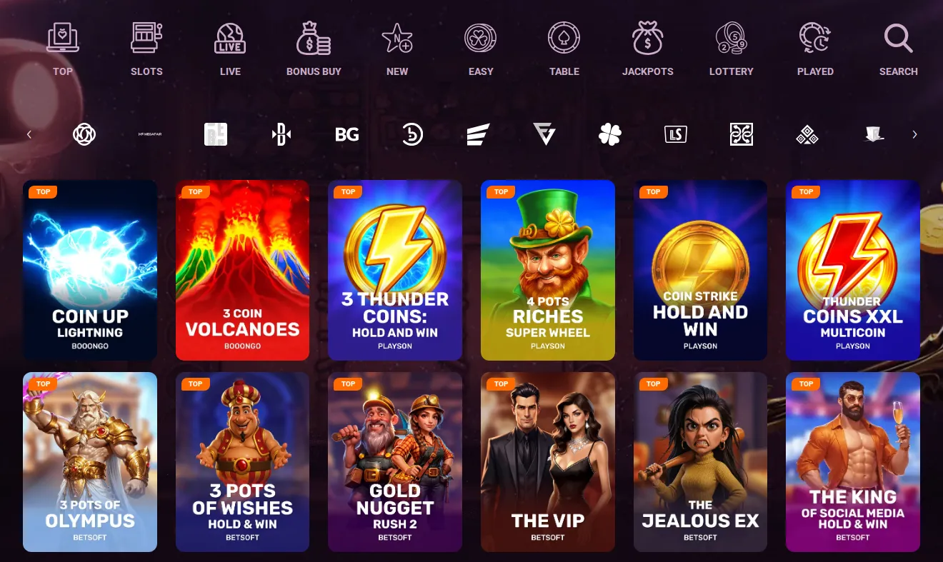 Casinonic games lobby: a row of game category tabs above game tiles