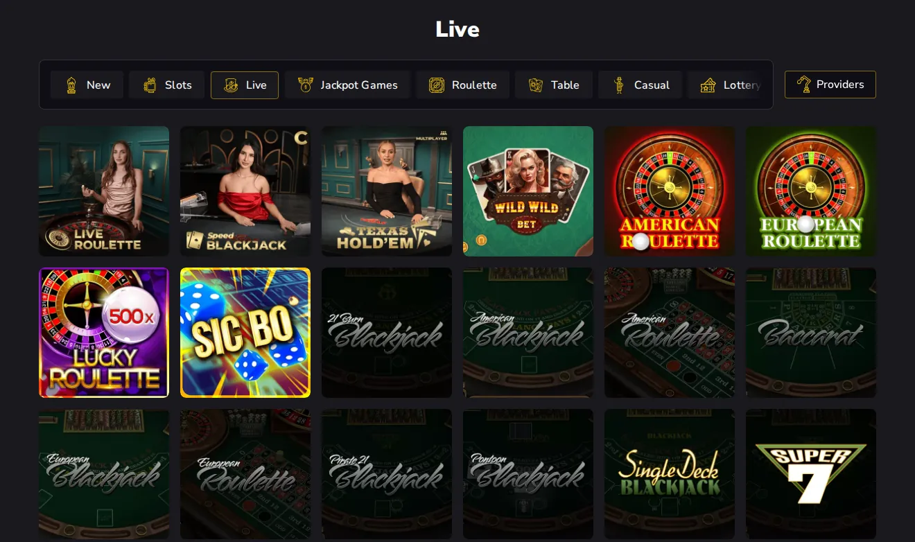Dundee Slots Live page: category tabs above tiles of the games listed under Live