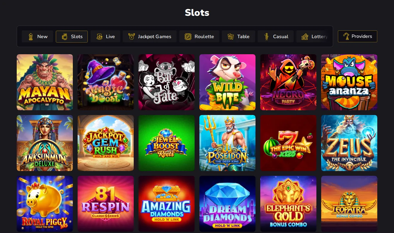 Dundee Slots Slots page: category tabs above slot tiles