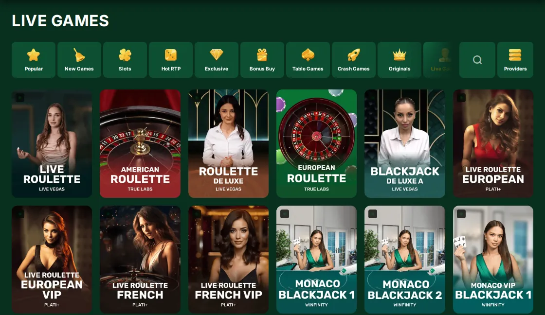 Golden Crown Live Games page: category buttons above tiles of the games listed under Live Games
