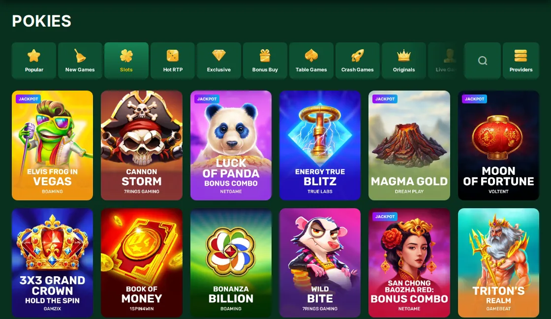 Golden Crown Pokies page: category buttons above pokies tiles