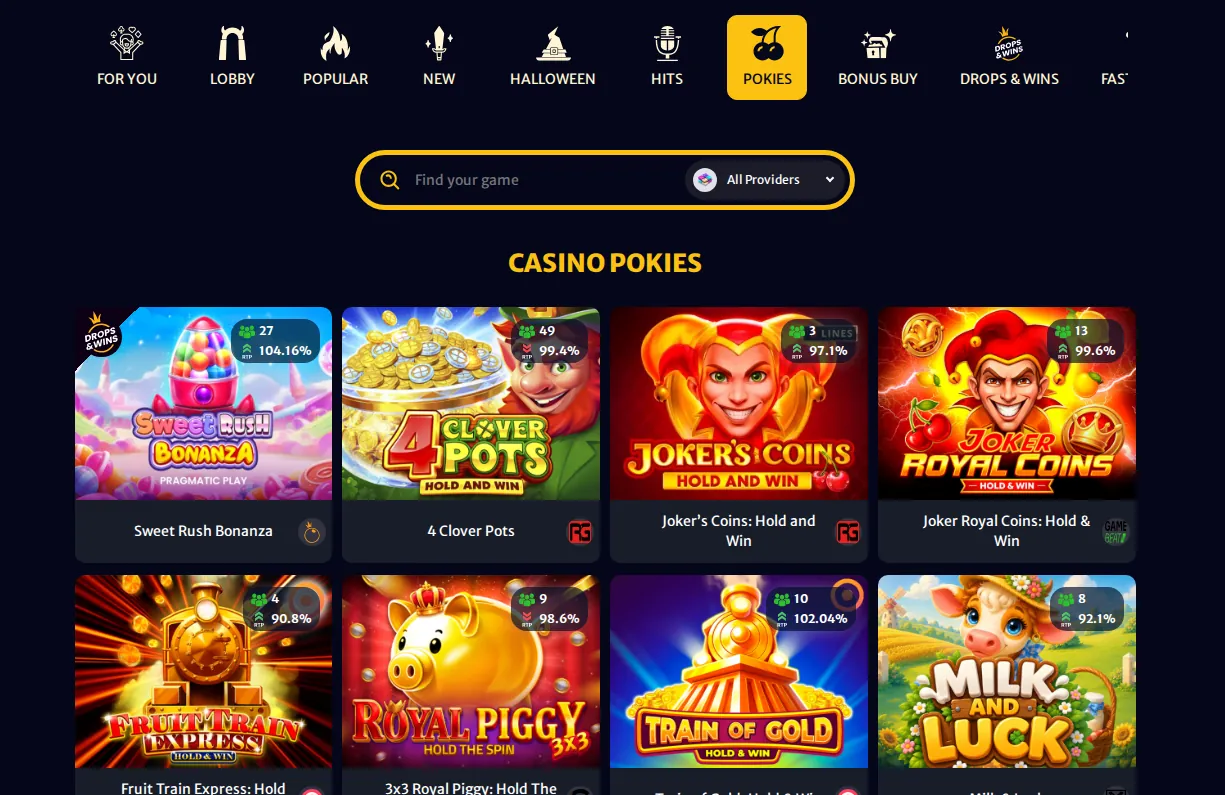 HellSpin Pokies page: category tabs with Pokies selected, game search and pokies tiles