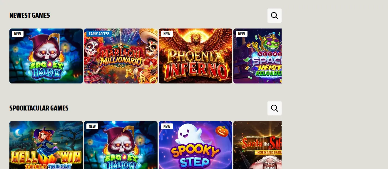 Ignition Casino page: Newest Games and Spooktacular Games rows of game tiles