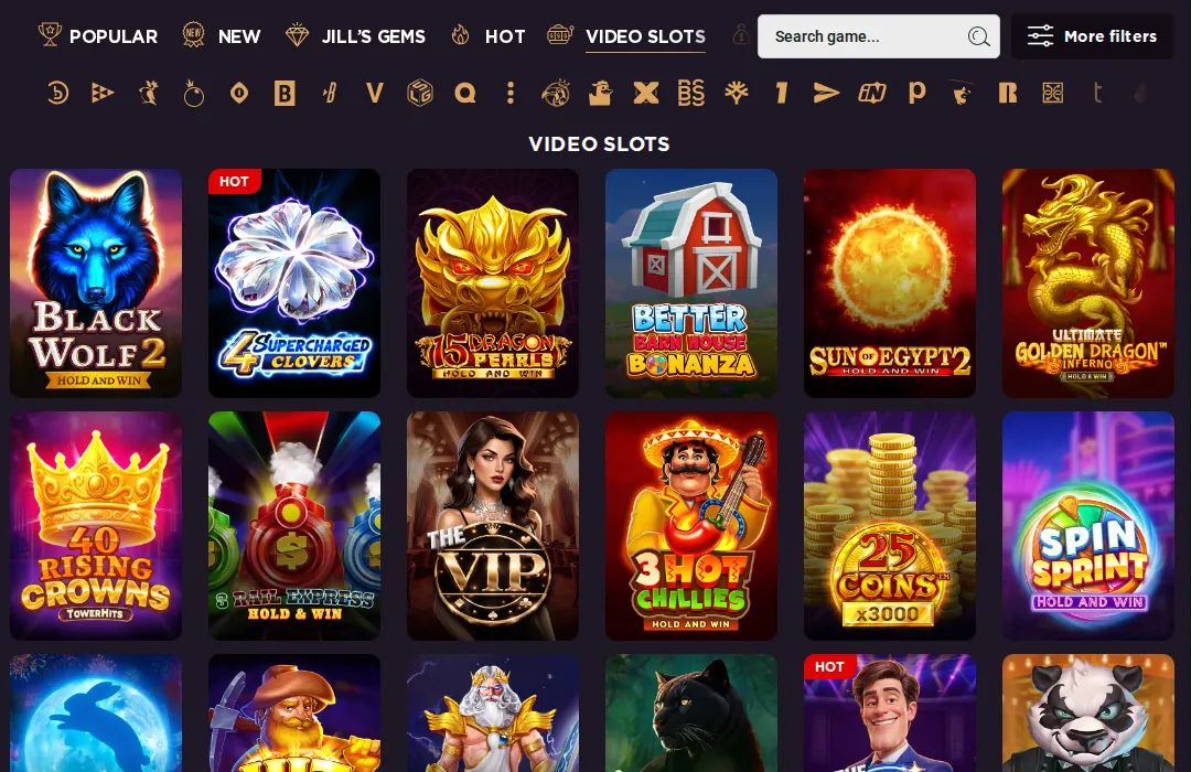 Jackpot Jill Video Slots page: category tabs and studio icons above slot tiles
