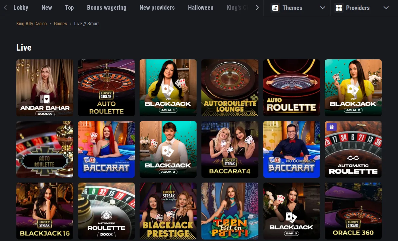 King Billy Live page: game category tabs above tiles of the games listed under Live