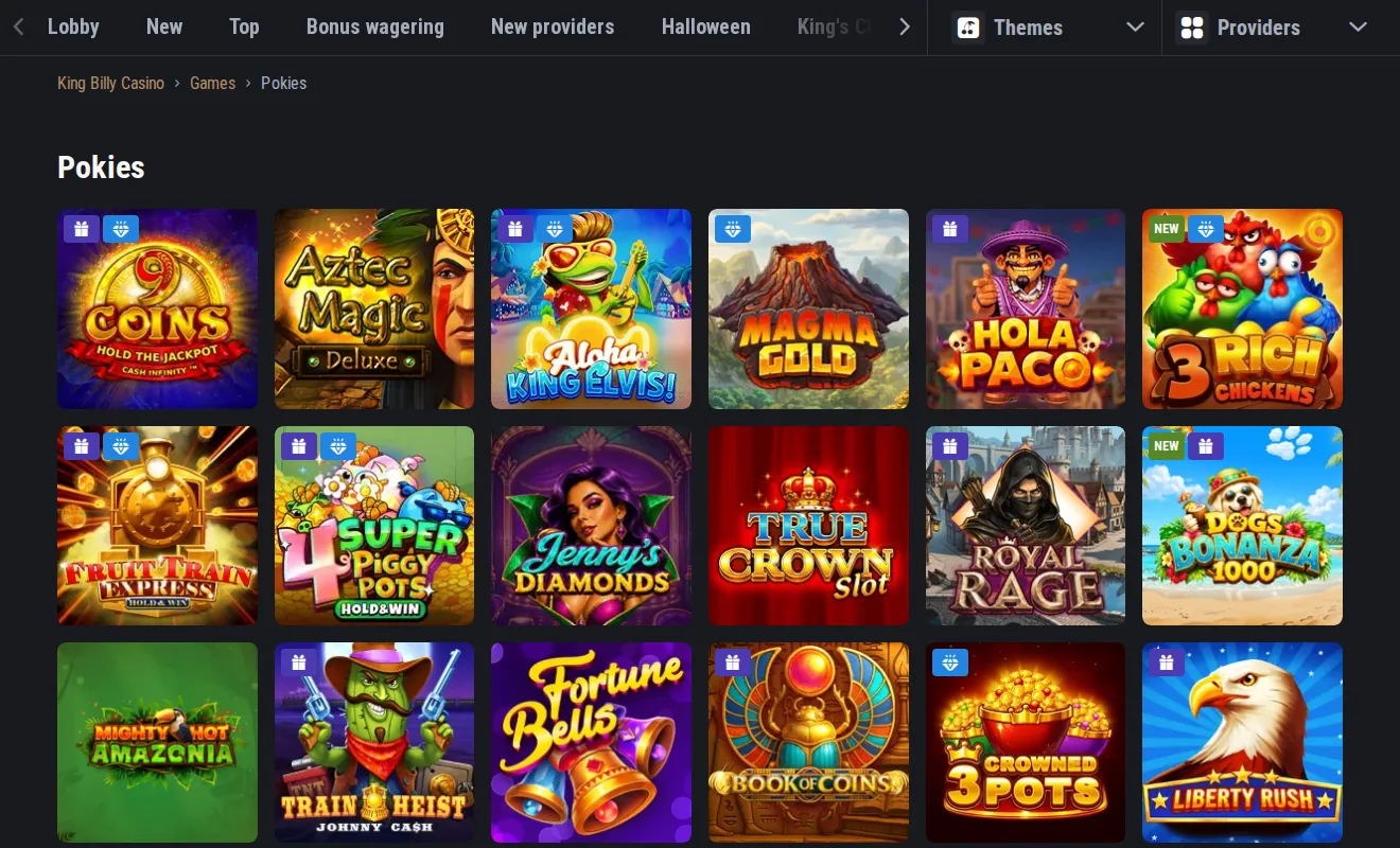 King Billy Pokies page: game category tabs above pokies tiles