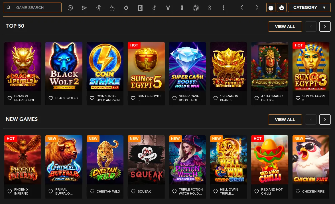 King Johnnie game lobby: game search and studio filters above the Top 50 and New Games rows