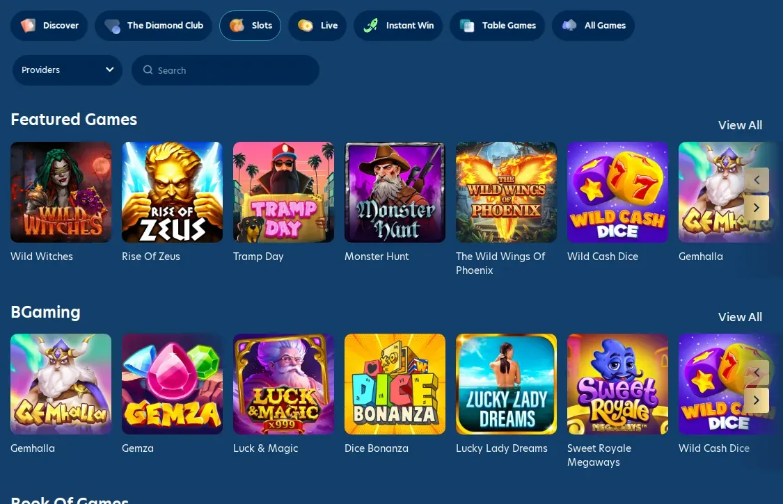 Lucky Dreams Slots page: category tabs with Slots selected, Featured Games and BGaming rows