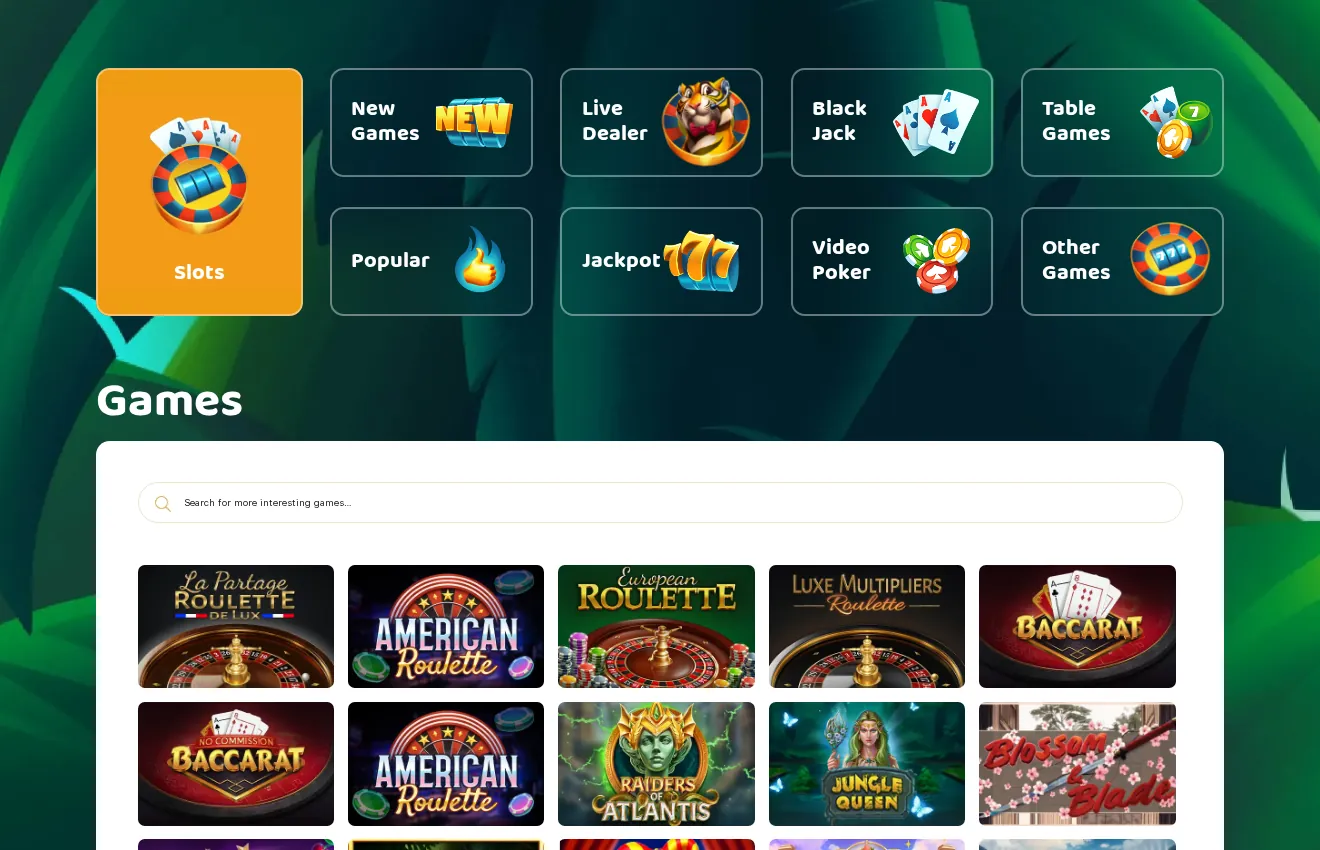 Lucky Tiger Games page: game category controls above a Games grid that starts with roulette and baccarat tiles