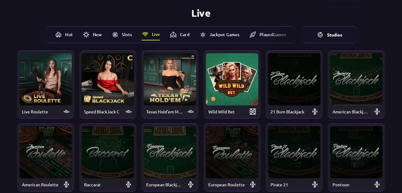Queen Spins Live page: category tabs above tiles of the games listed under Live, with game names