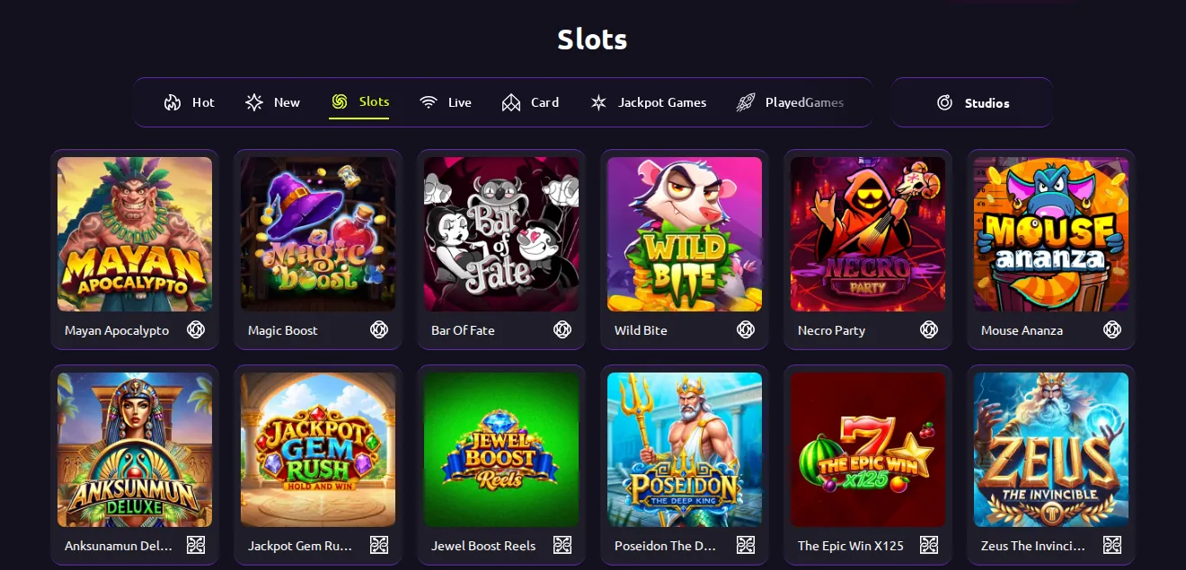 Queen Spins Slots page: category tabs above slot tiles with game names
