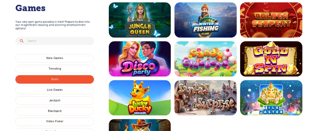 Rich Palms Games page: game search and a category list with Slots selected, and the first slot tiles