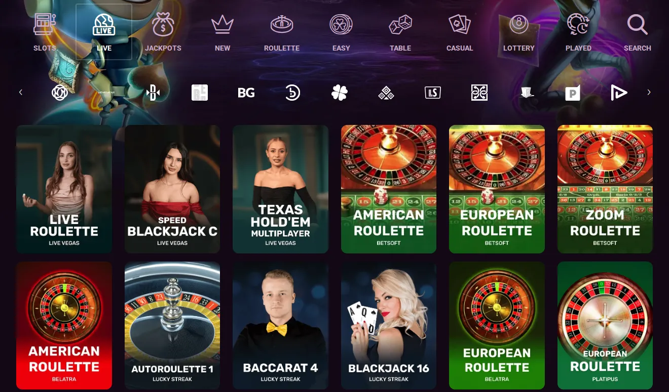 Ricky Casino lobby, Live tab: category icons and studio icons above tiles of the games listed under Live