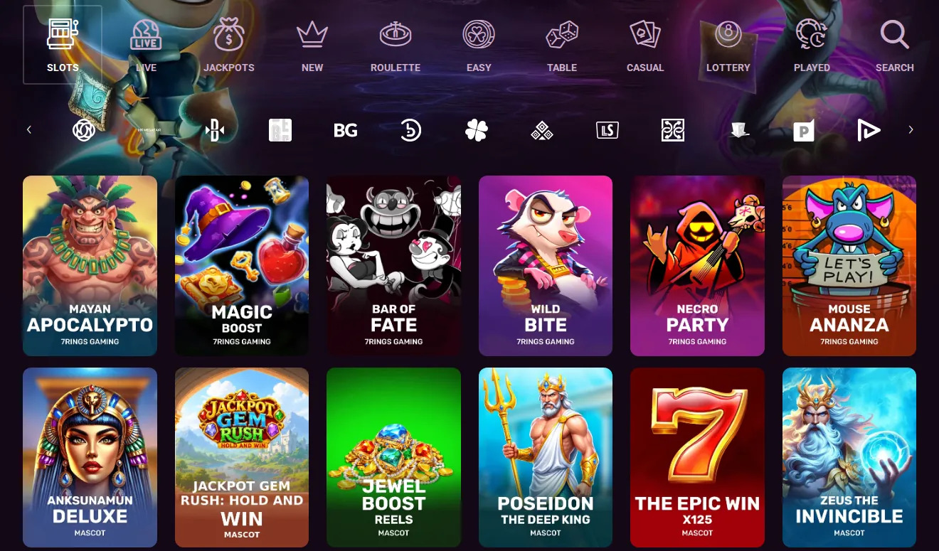 Ricky Casino lobby, Slots tab: category icons and studio icons above slot tiles