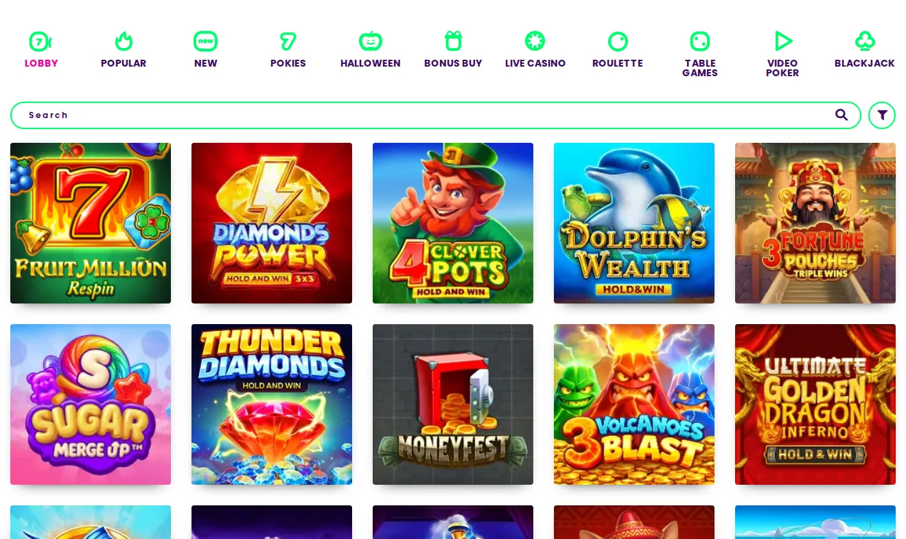 Rocket Casino games page: category icons and search above pokies tiles