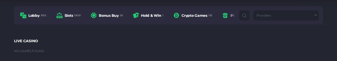 Spinago Live Casino page: category tabs and the words No games found, with no game tiles