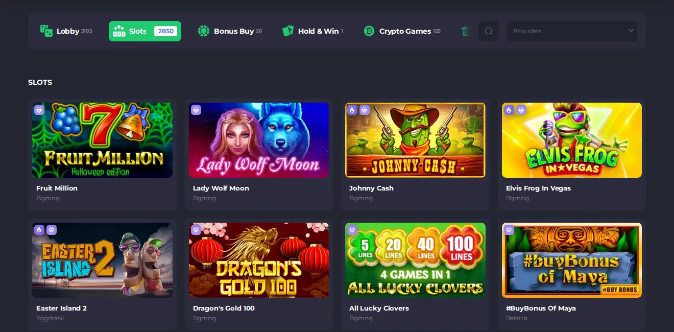 Spinago Slots page: category tabs above slot tiles with game and studio names