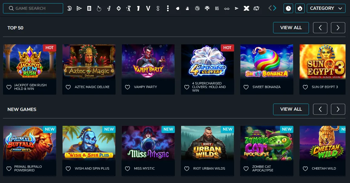 Wolf Winner game lobby: game search and studio filters above the Top 50 and New Games rows